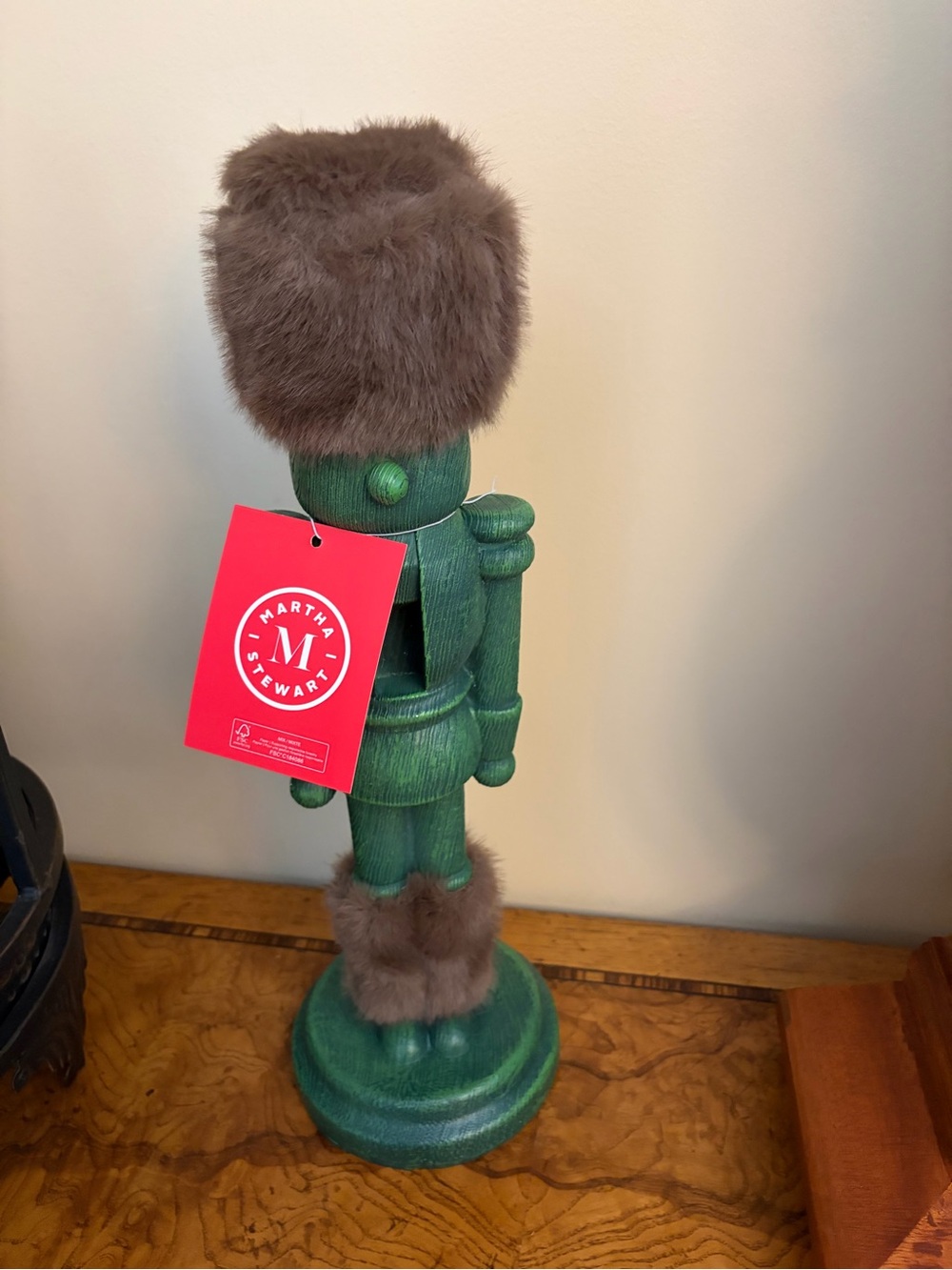 Martha Stewart Green Nutcracker with Brown Faux Fur Hat and Boot Trim